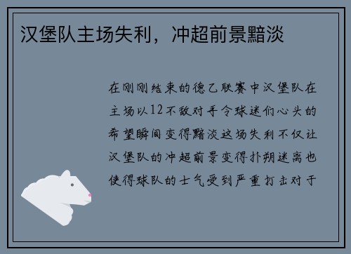 汉堡队主场失利，冲超前景黯淡