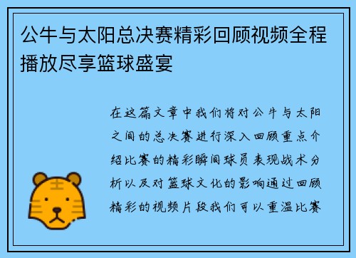 公牛与太阳总决赛精彩回顾视频全程播放尽享篮球盛宴