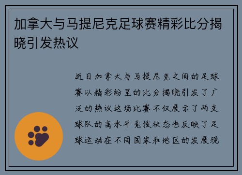 加拿大与马提尼克足球赛精彩比分揭晓引发热议